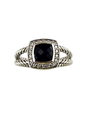 David Yurman Sterling Silver Onyx & Diamond Albion Ring Size 8 w/Pouch #25049
